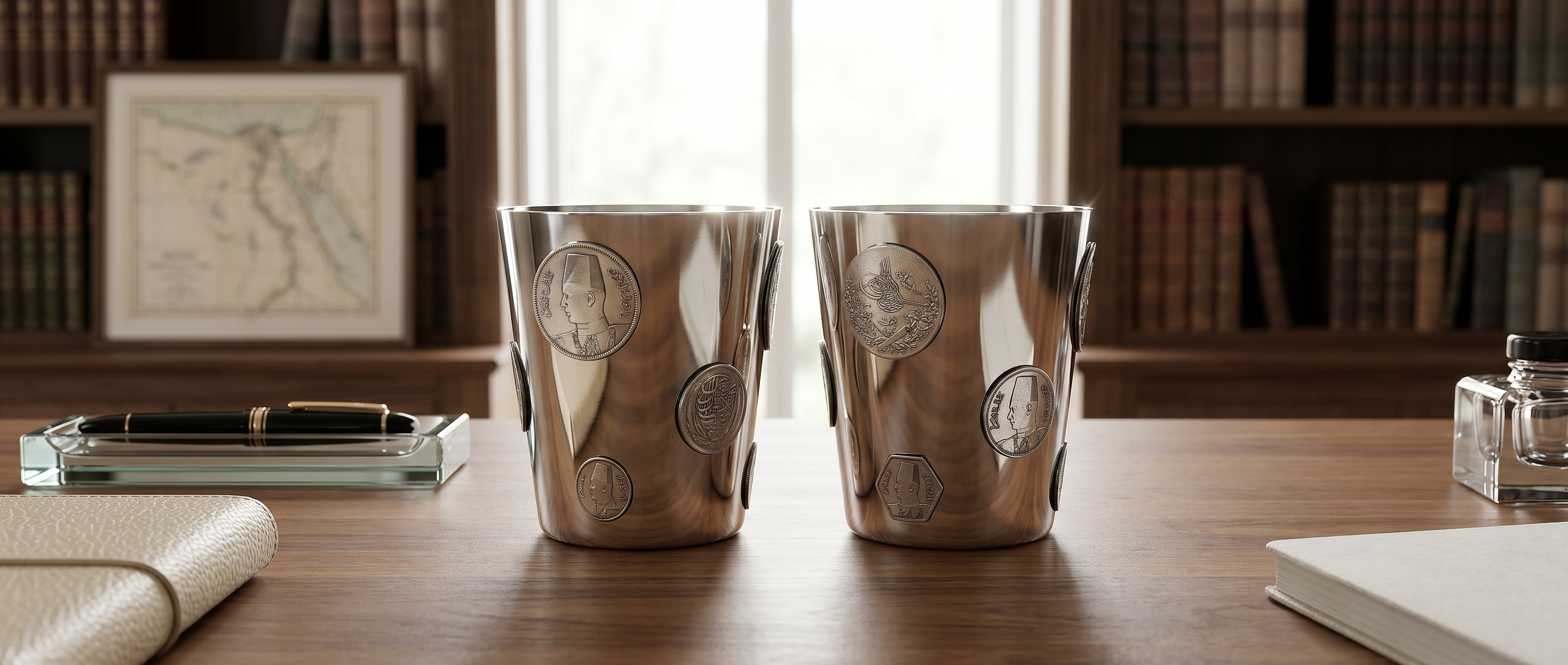Refined 925 sterling silver cups by Saad of Egypt featuring handcrafted detailing inspired by elegant office spaces and premium gifting.