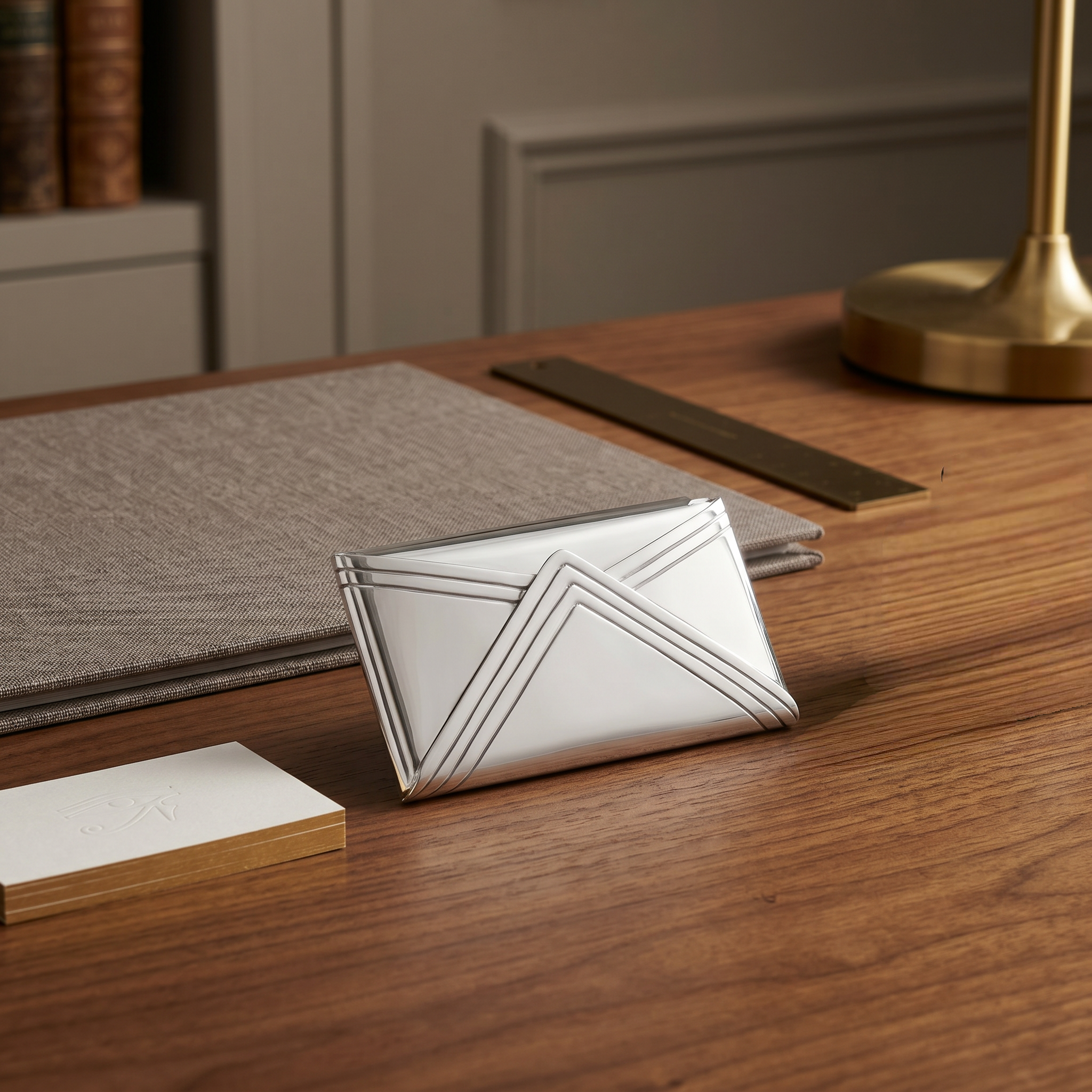 Modern 925 sterling silver desk card holder by Saad of Egypt featuring sleek handcrafted lines for premium workspace décor and gifting.