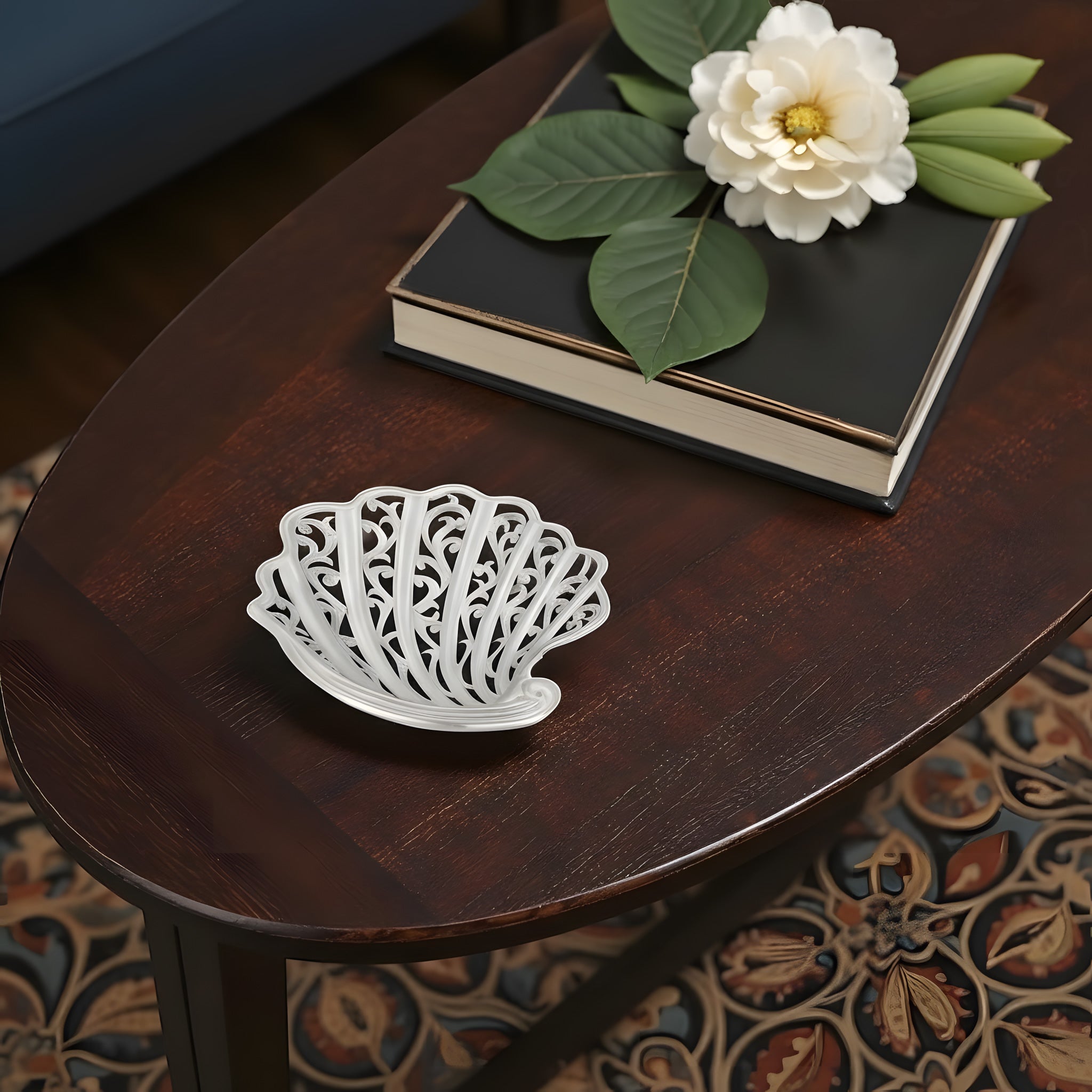 Handmade silver grade 900 Ajur seashell plate by Saad of Egypt elegant home decoration gift table setting