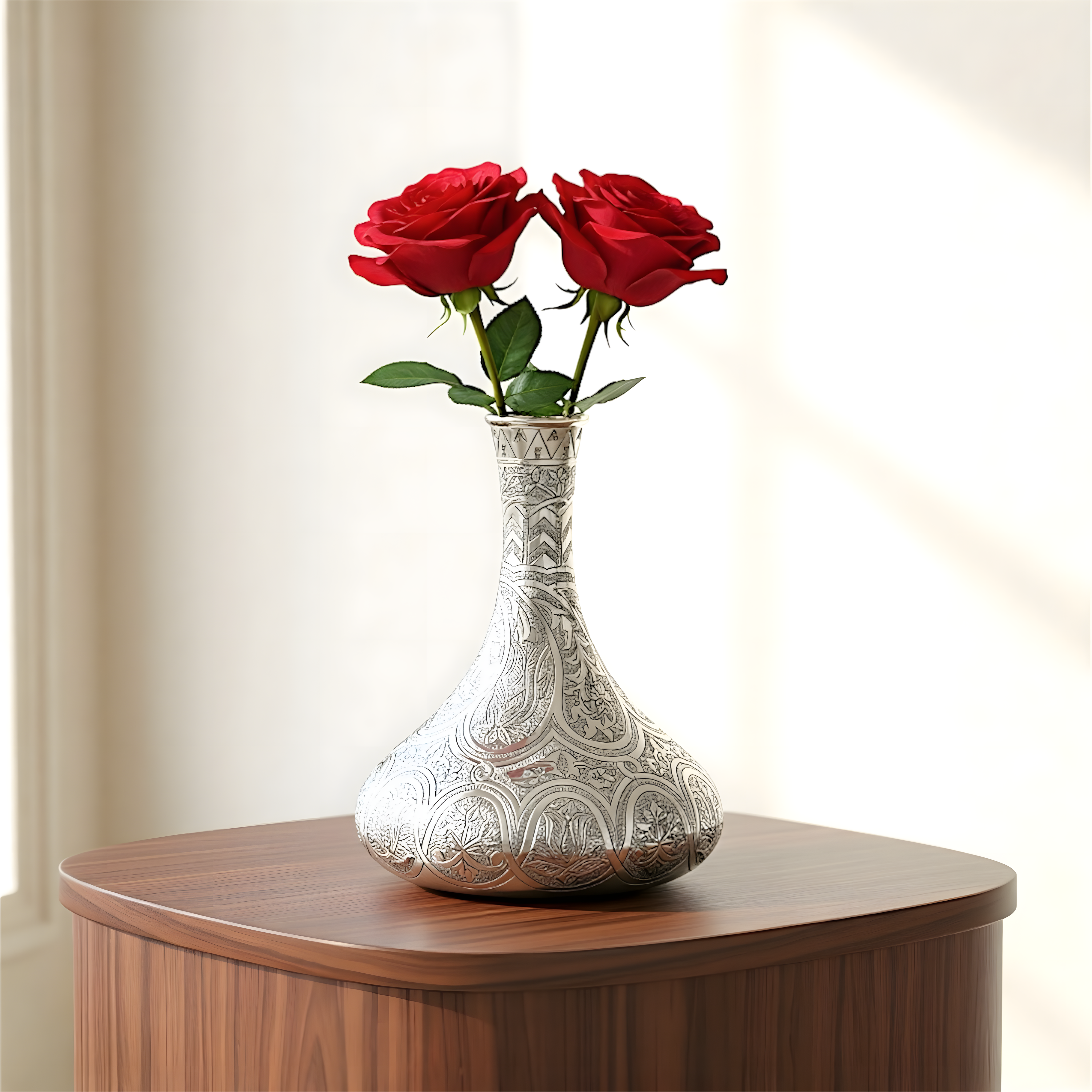Handmade silver grade 900 Doraq Vase by Saad of Egypt, elegant home decoration gift with flower motif detailed view.