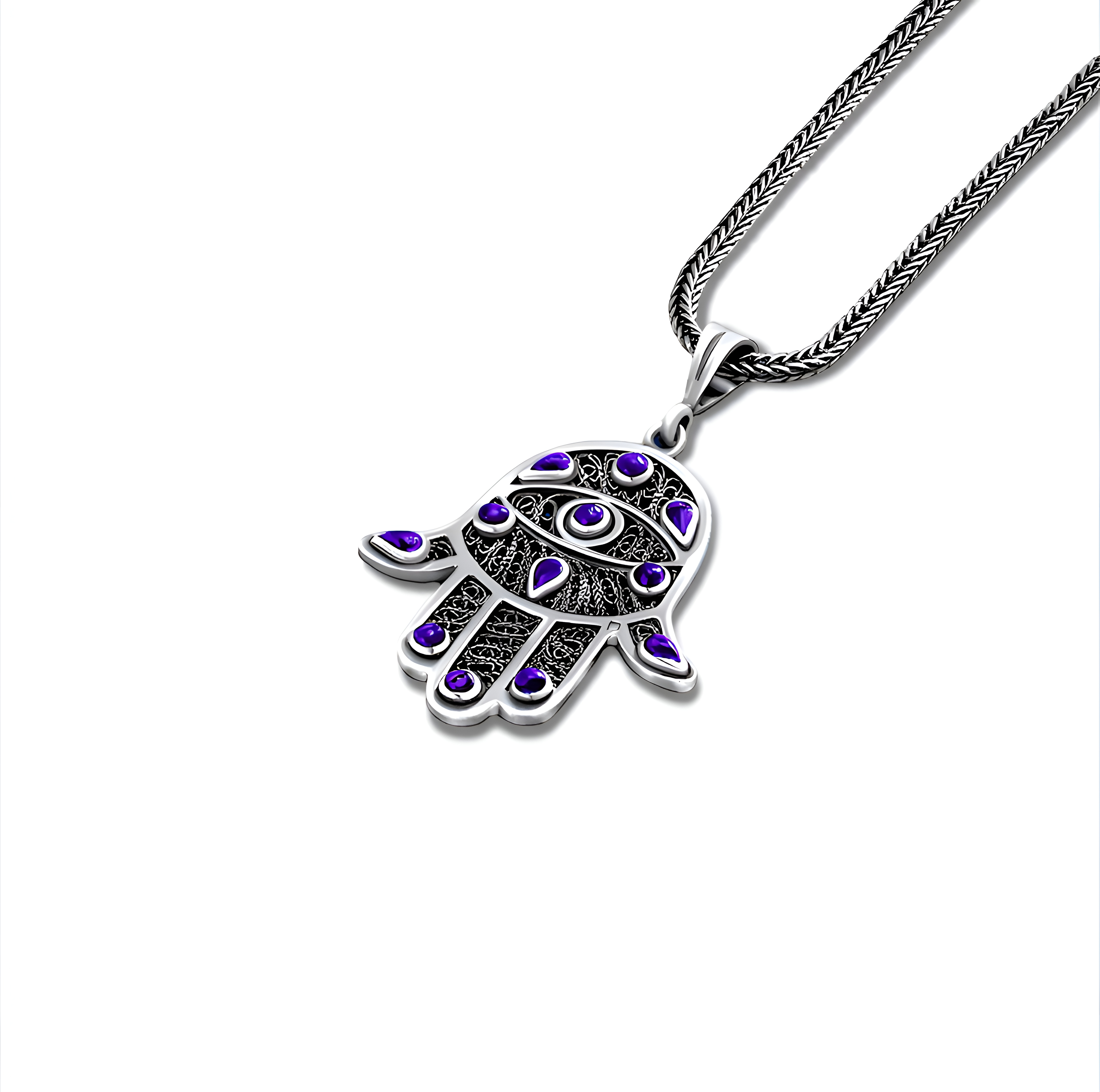 925 sterling silver Filigree Kaf Fatma pendant featuring lapis lazuli stone, handcrafted protective amulet for women gift by Saad of Egypt