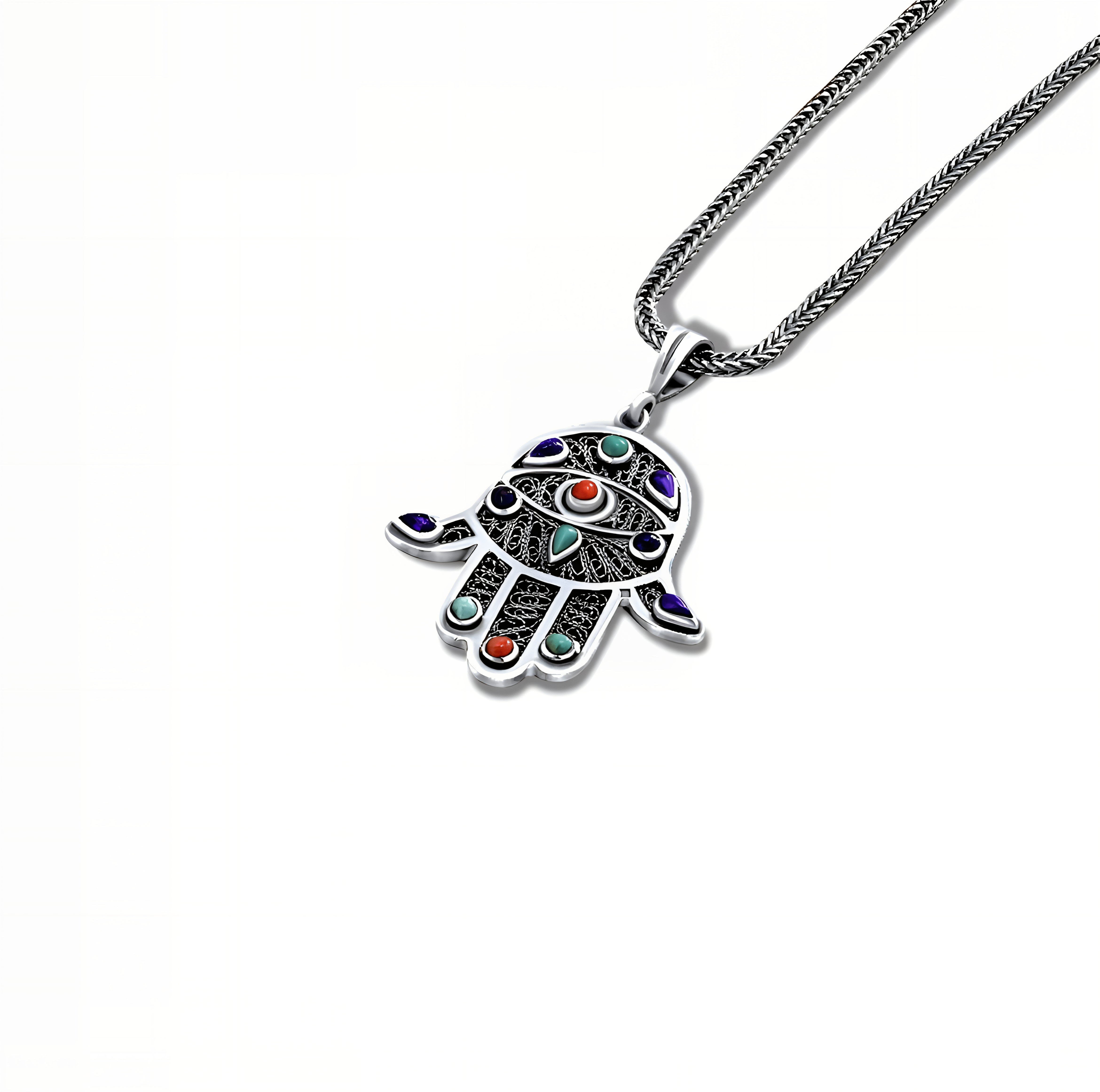 Kaf Fatma 925 sterling silver pendant with Turquoise, Coral, and Lapis stones, handcrafted Egyptian craftsmanship gift for women by Saad of Egypt