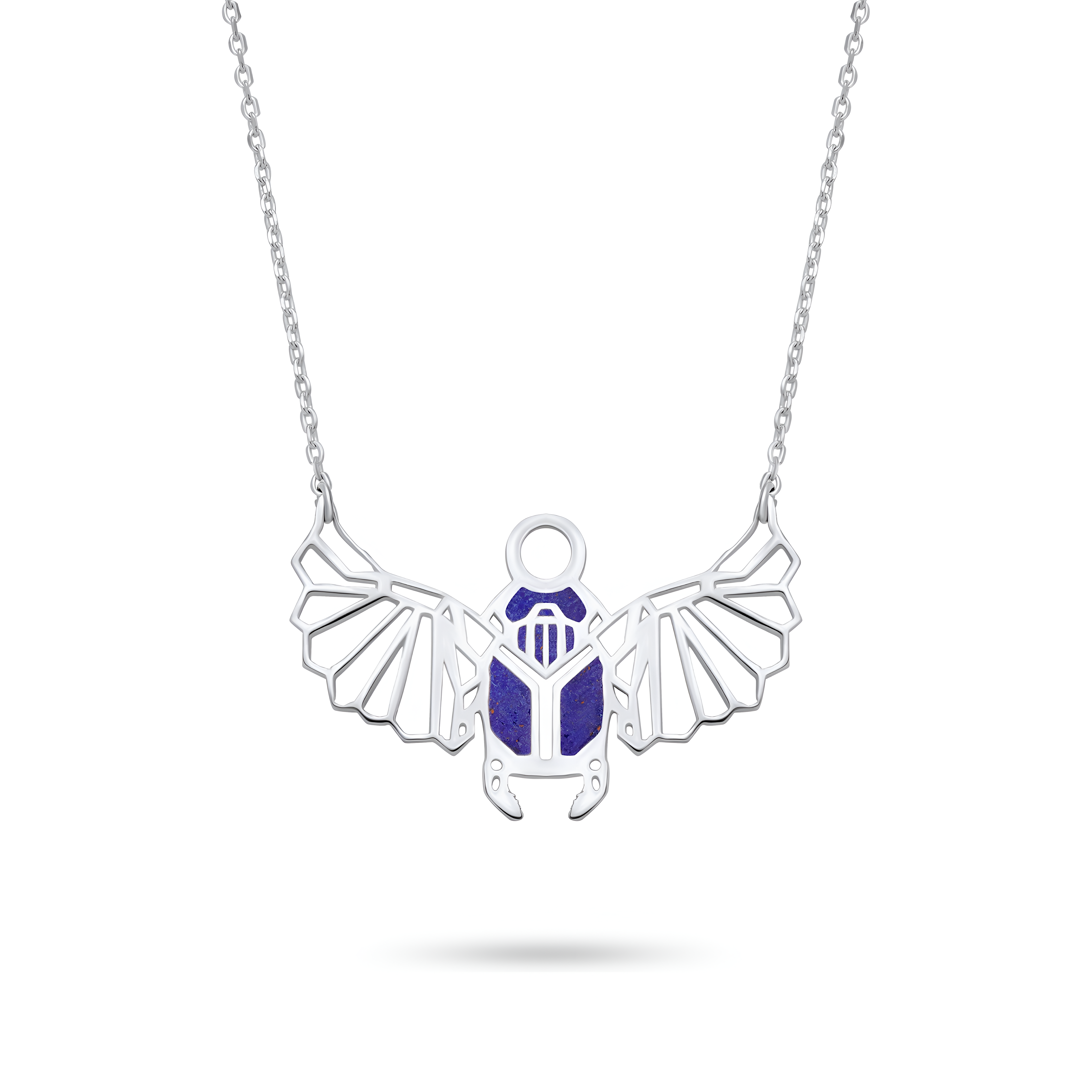 Elegant 925 sterling silver Flying Scarab necklace with Lapis Lazuli stones, handcrafted ancient Egyptian symbol gift for women by Saad of Egypt.