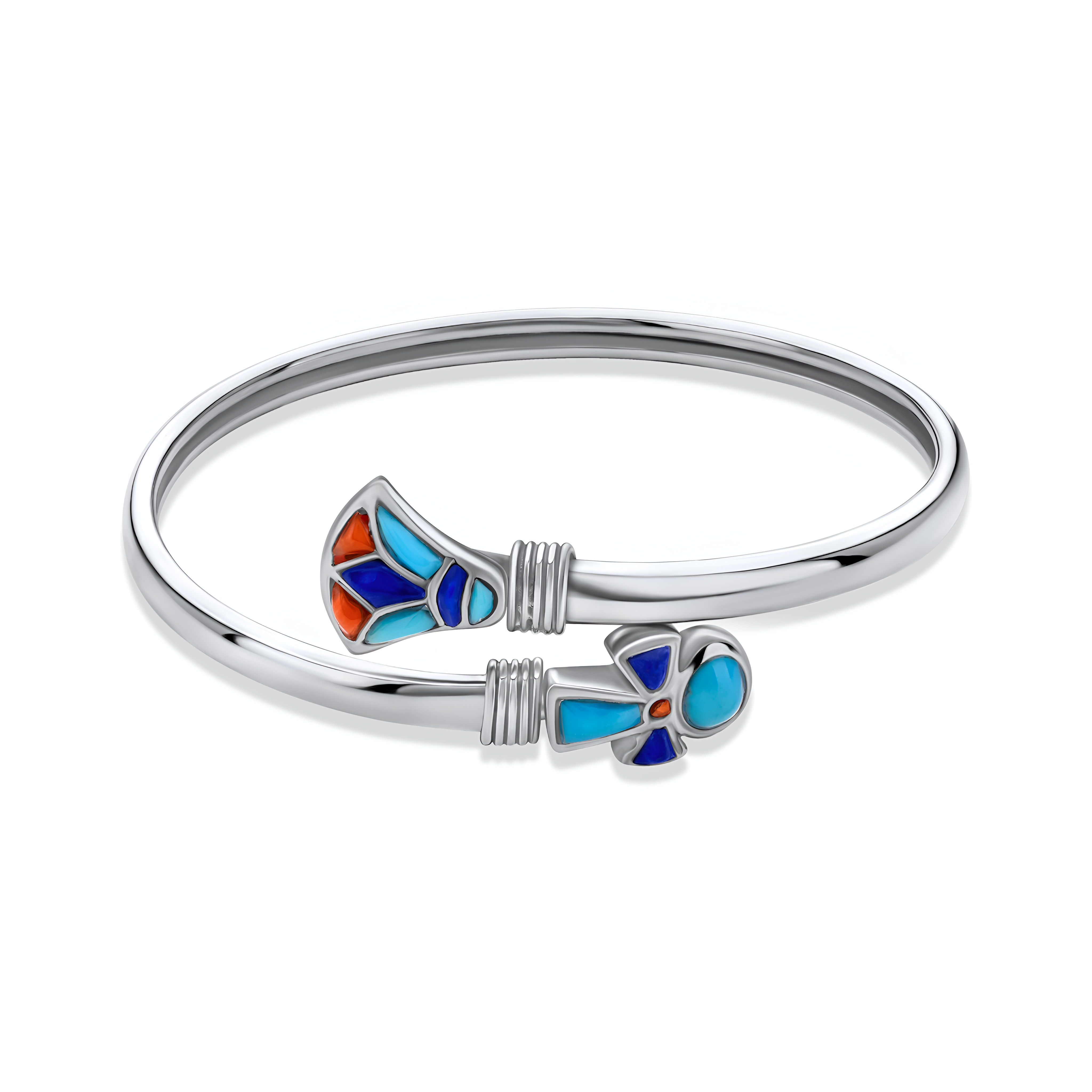 Luxury 925 sterling silver bangle with Lotus and Ankh symbols featuring multi-colored gemstones, perfect as a handcrafted Egyptian gift for women by Saad of Egypt