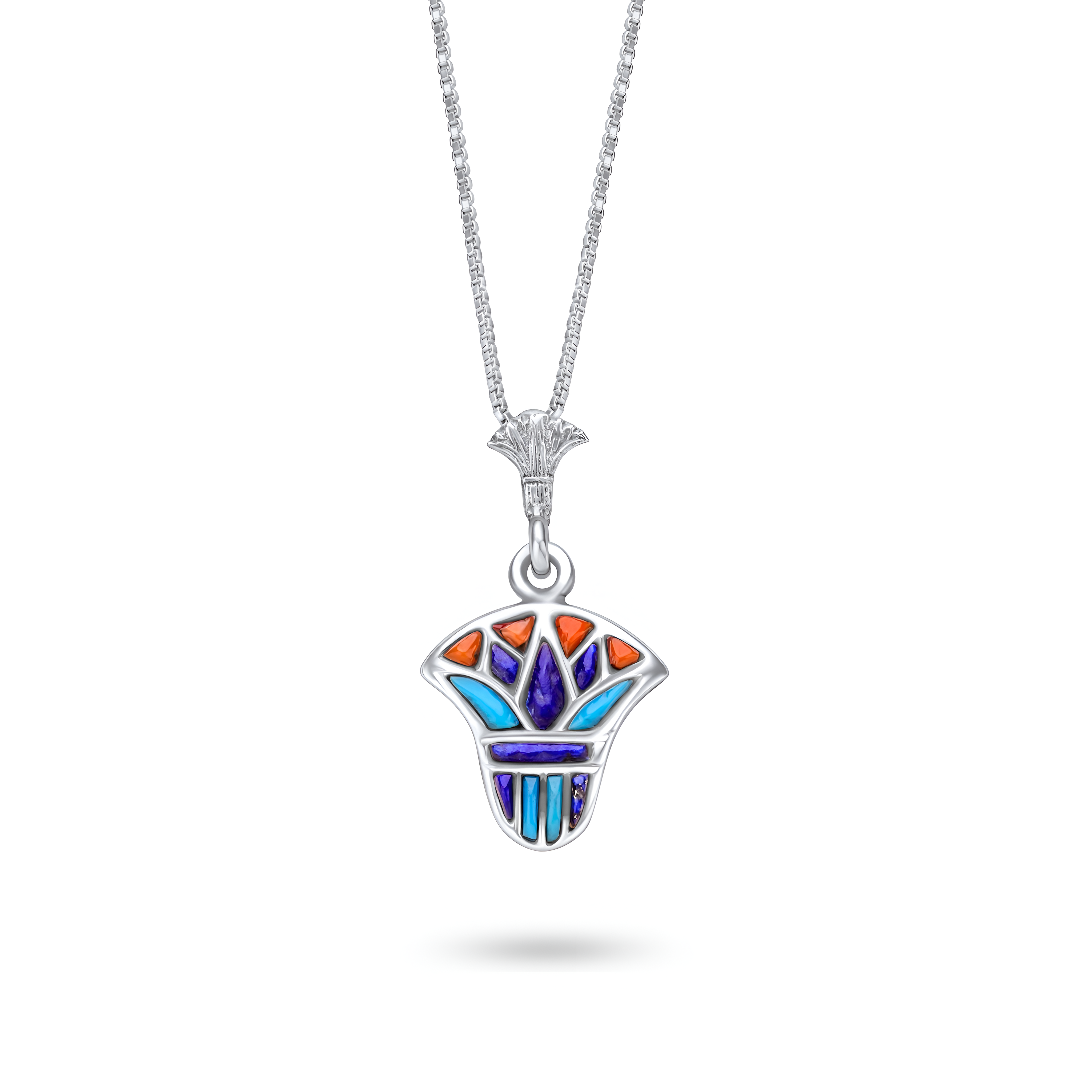 Elegant 925 sterling silver Lotus pendant adorned with Turquoise, Coral, and Lapis stones, handcrafted Egyptian jewelry gift for women by Saad of Egypt