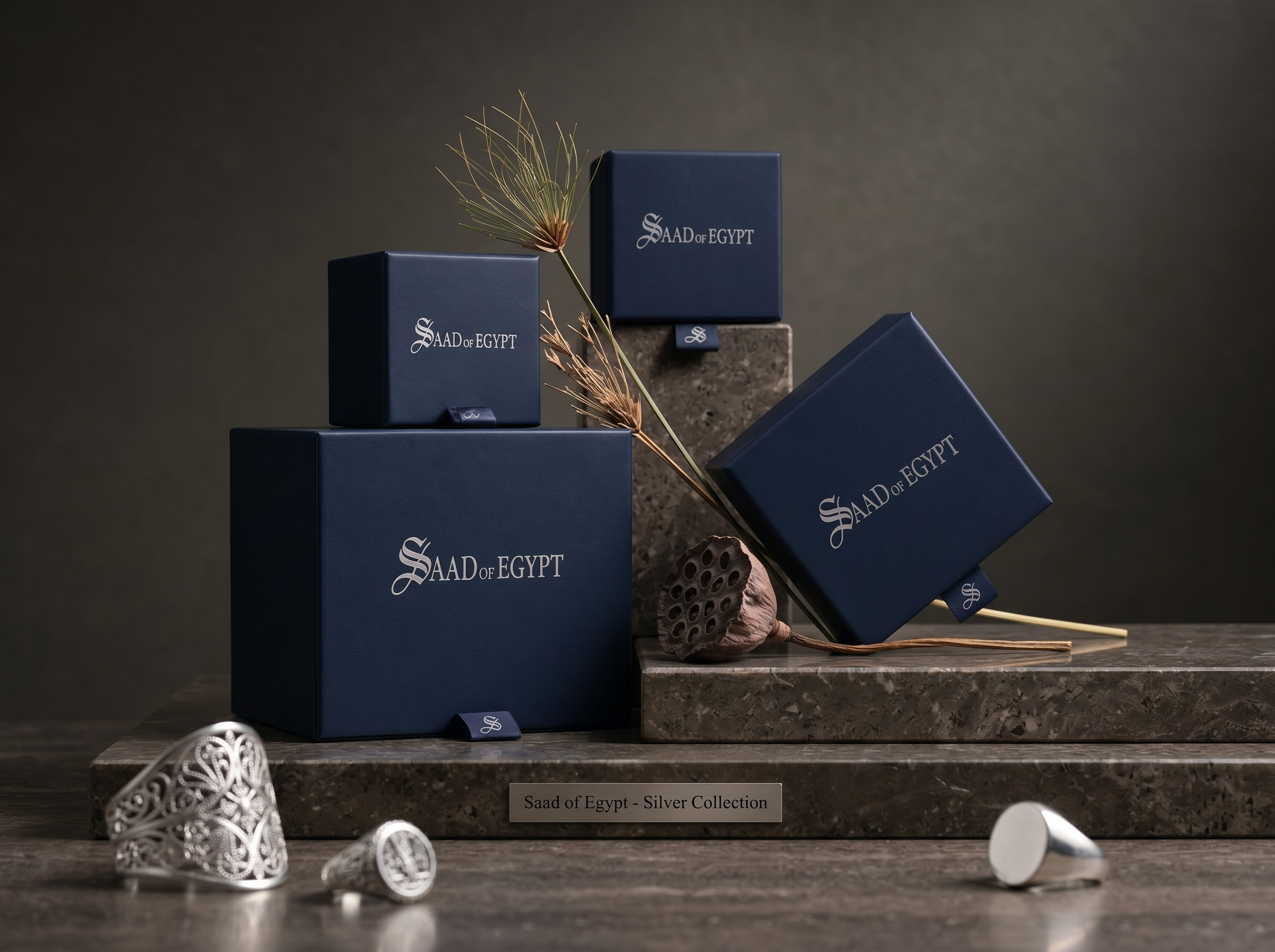 Luxury Saad of Egypt jewelry packaging box featuring elegant deep blue velvet interior and refined premium presentation design crafted for sophisticated sterling silver collections.