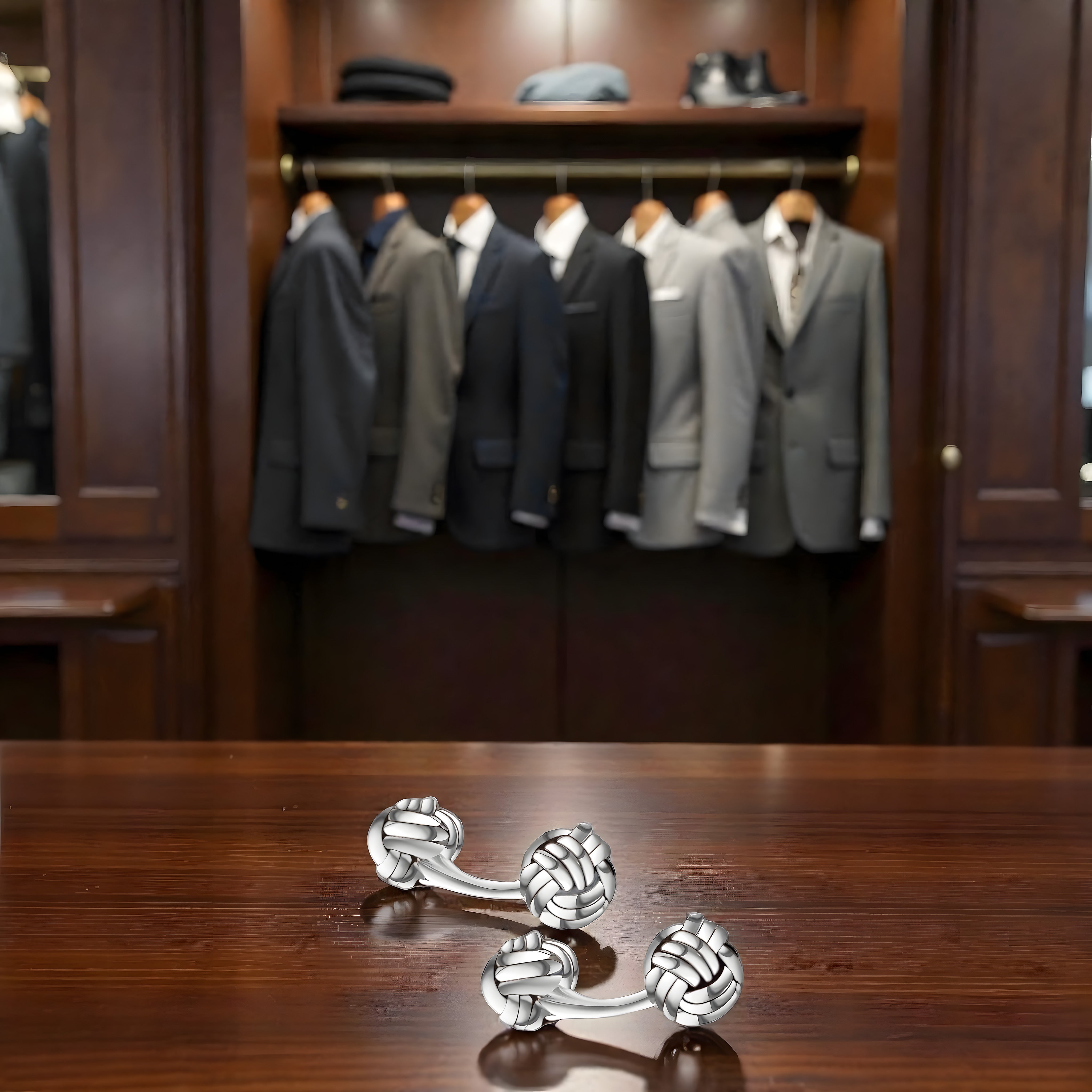 Detailed handmade 925 sterling silver Nile Knot cufflinks worn on dress shirt. The perfect gift for gentlemen by Saad of Egypt