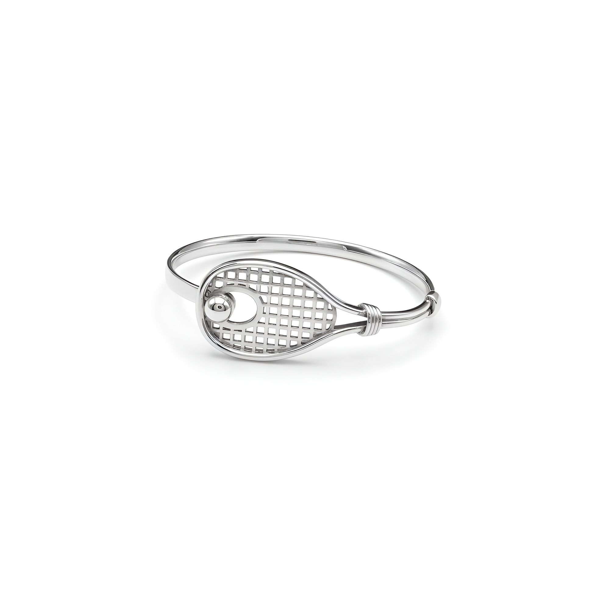 Handcrafted 925 sterling silver tennis racket bangle by Saad of Egypt, featuring an elegant sporty jewelry design inspired by classic tennis aesthetics, lightweight timeless accessory and perfect gift for women.