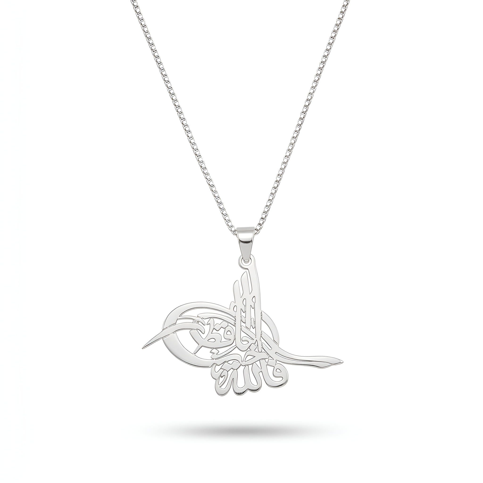 Handcrafted 925 sterling silver Turra pendant by Saad of Egypt, inspired by Ottoman artistic heritage, featuring intricate Arabic calligraphy in an elegant timeless jewelry design, perfect gift for women.