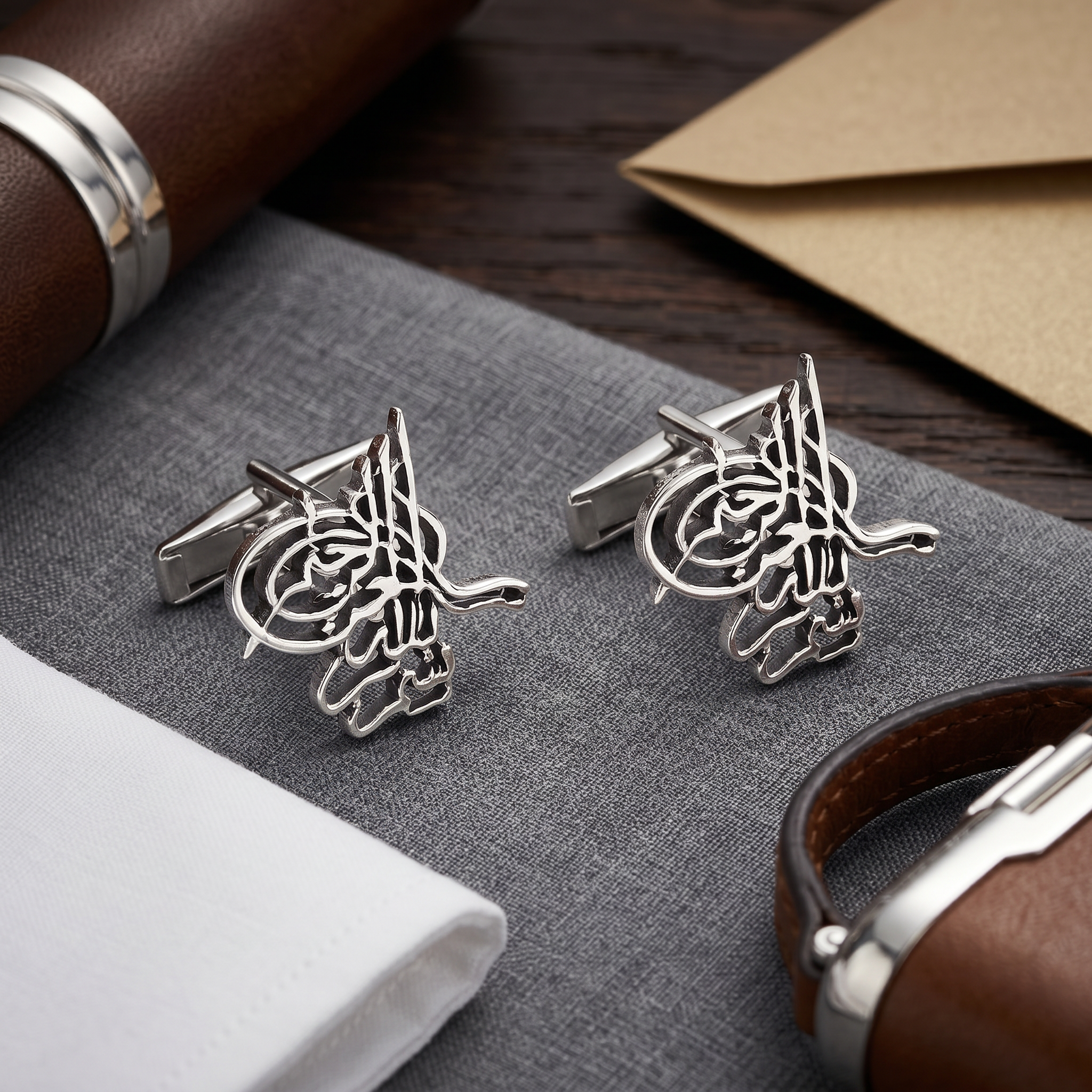 Handcrafted 925 sterling silver cufflinks inspired by Arabic calligraphy, designed for sophisticated men’s formalwear by Saad of Egypt.