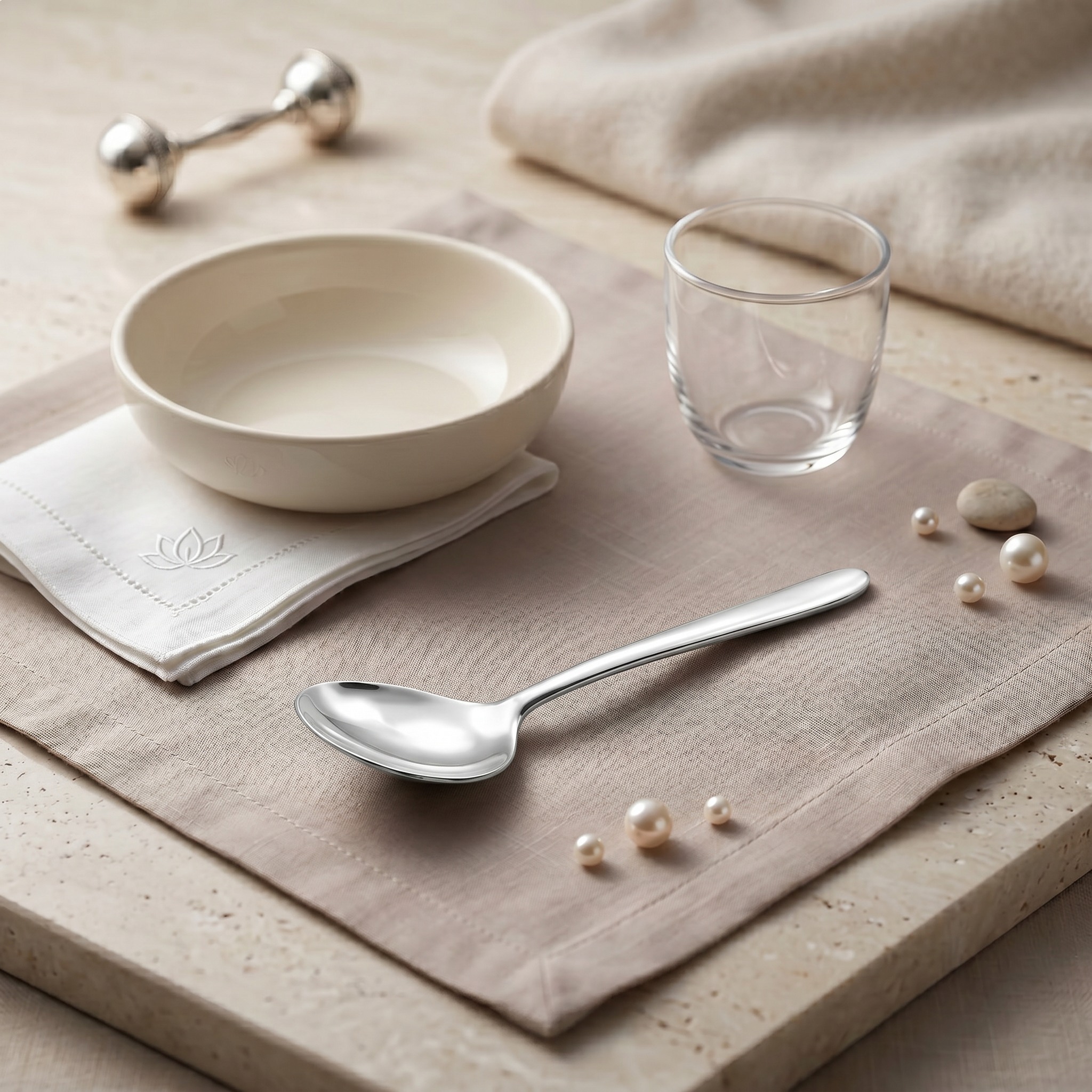 Minimal handcrafted 925 sterling silver baby spoon with a short curved design, created for elegant baby gifting by Saad of Egypt.