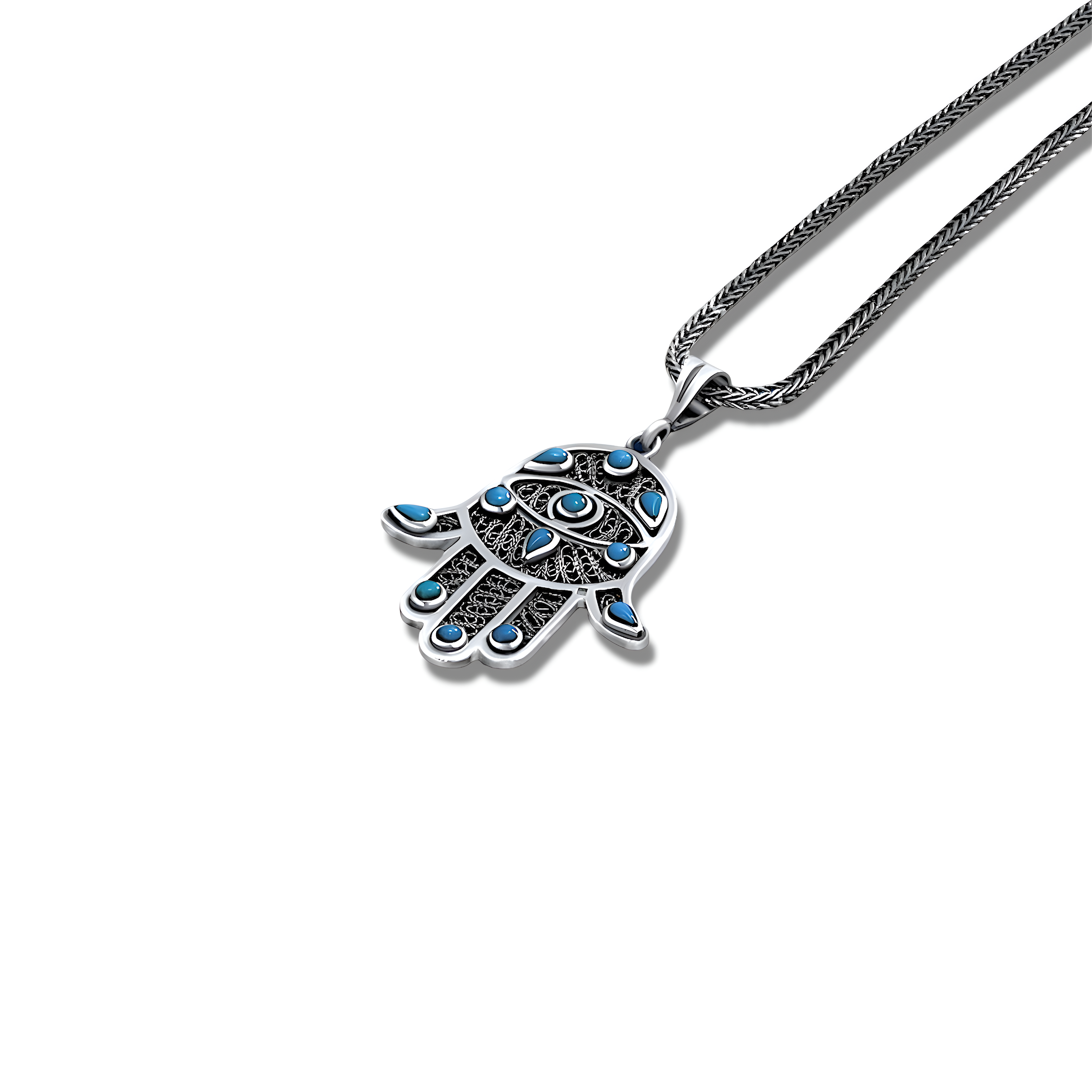 Handcrafted 925 sterling silver Kaf Fatma pendant with turquoise gemstone by Saad of Egypt.