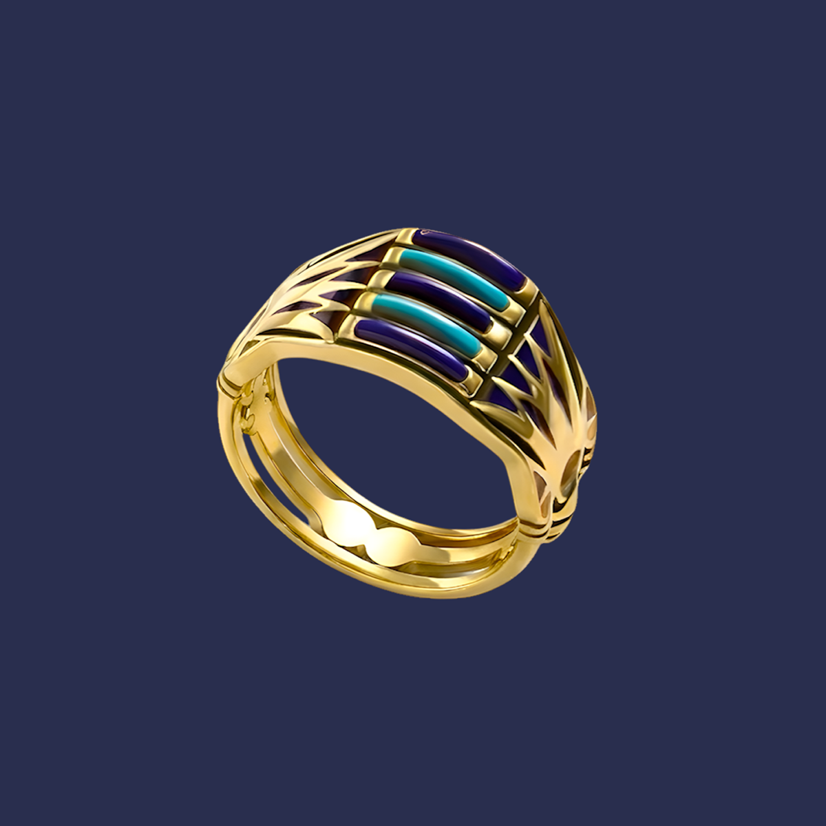 Finished lotus royal ring crafted from 925 sterling silver and gold plated by Saad of Egypt, featuring natural turquoise, coral, and lapis lazuli stones, a handcrafted statement piece inspired by ancient Egyptian heritage for women.