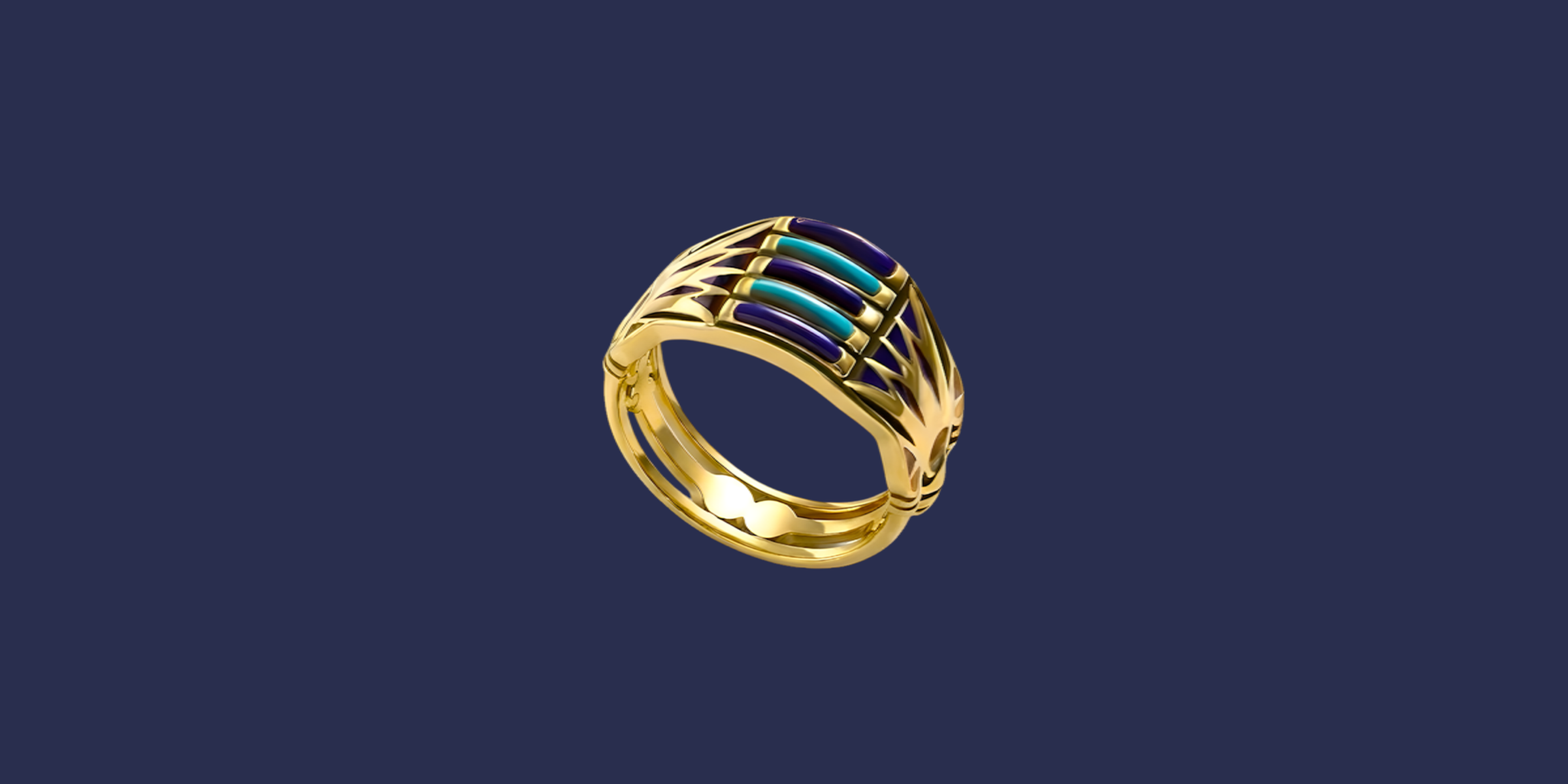 Finished lotus royal ring crafted from 925 sterling silver and gold plated by Saad of Egypt, featuring natural turquoise, coral, and lapis lazuli stones, a handcrafted statement piece inspired by ancient Egyptian heritage for women.