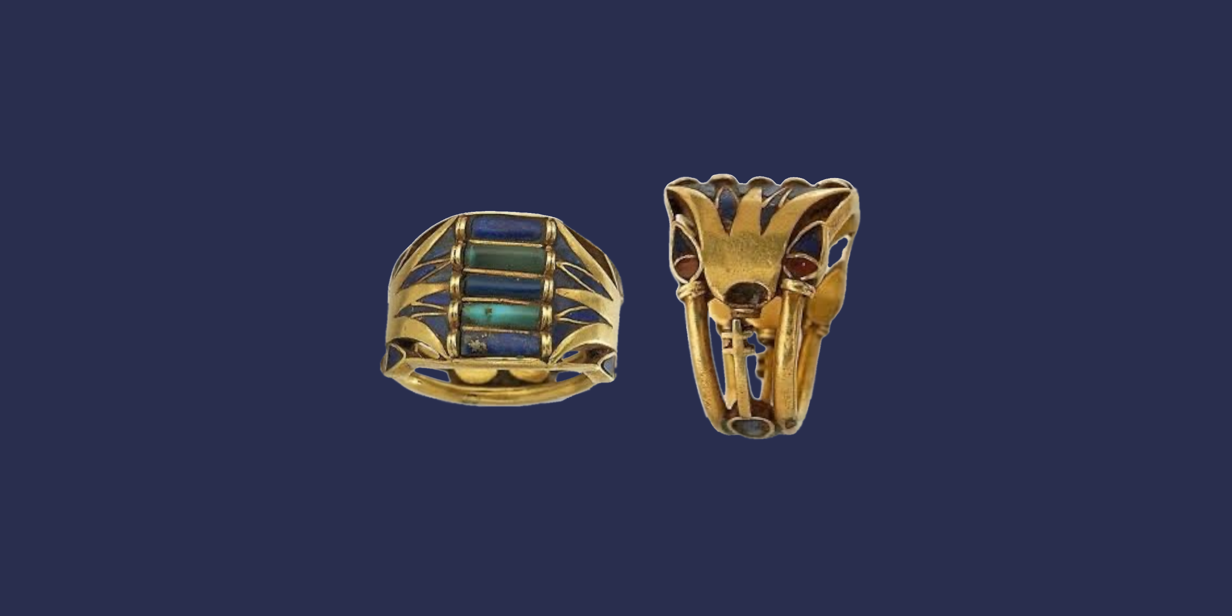 Ancient lotus royal ring displayed in the Louvre Museum, featuring intricate gold craftsmanship and colored stones, the original inspiration behind Saad of Egypt’s iconic design.