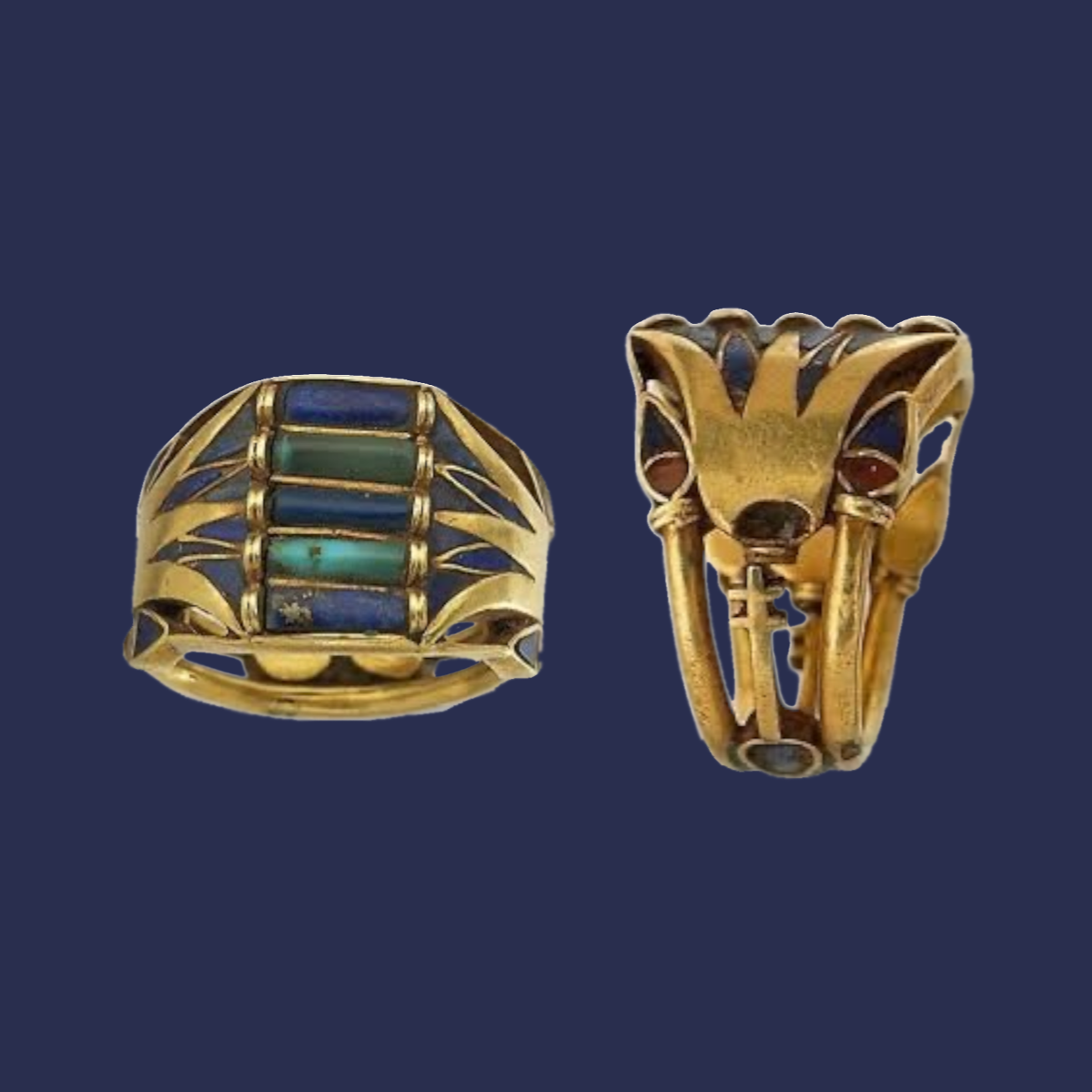 Ancient lotus royal ring displayed in the Louvre Museum, featuring intricate gold craftsmanship and colored stones, the original inspiration behind Saad of Egypt’s iconic design.