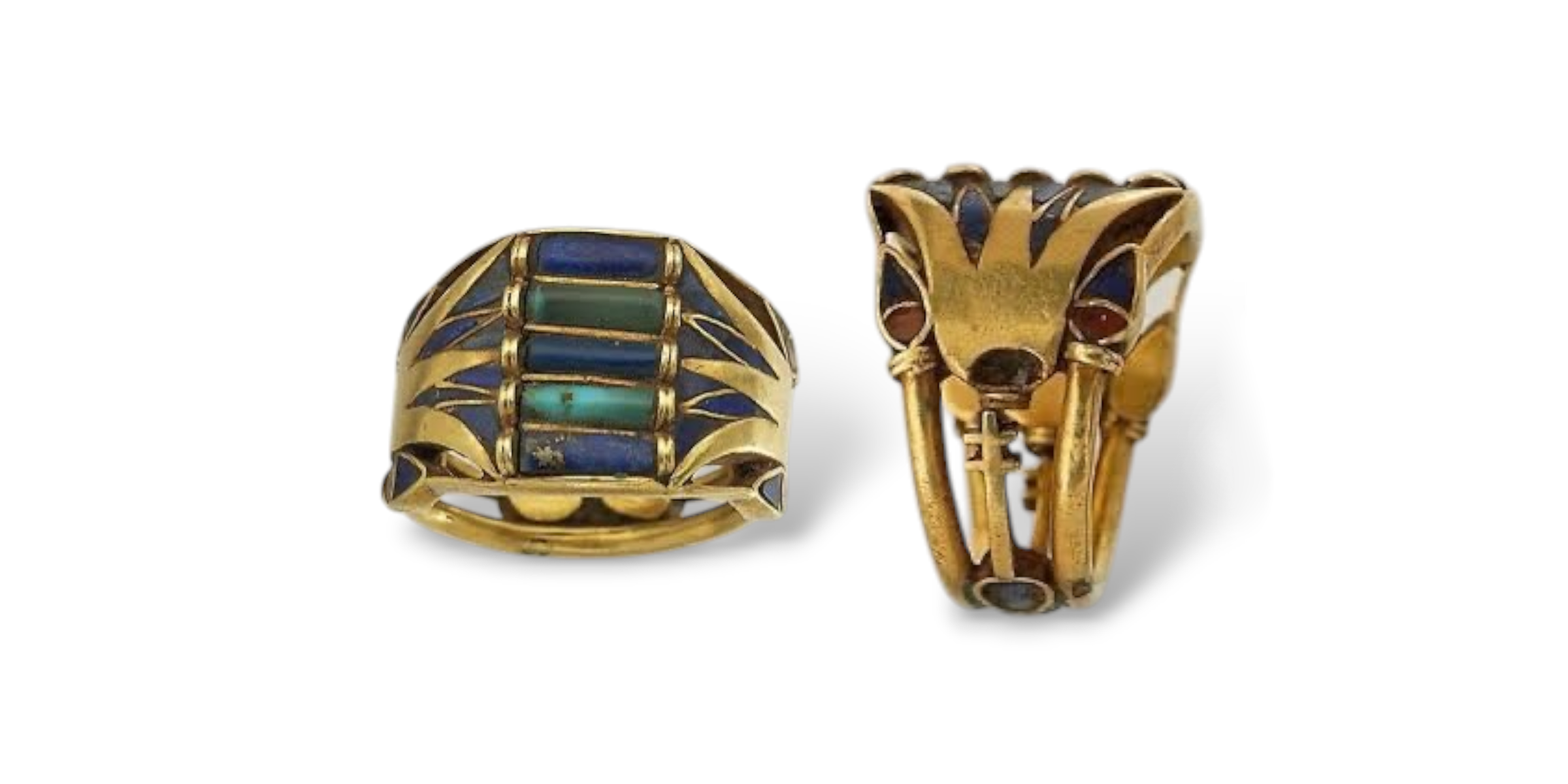 Ancient lotus royal ring displayed in the Louvre Museum, featuring intricate gold craftsmanship and colored stones, the original inspiration behind Saad of Egypt’s iconic design.