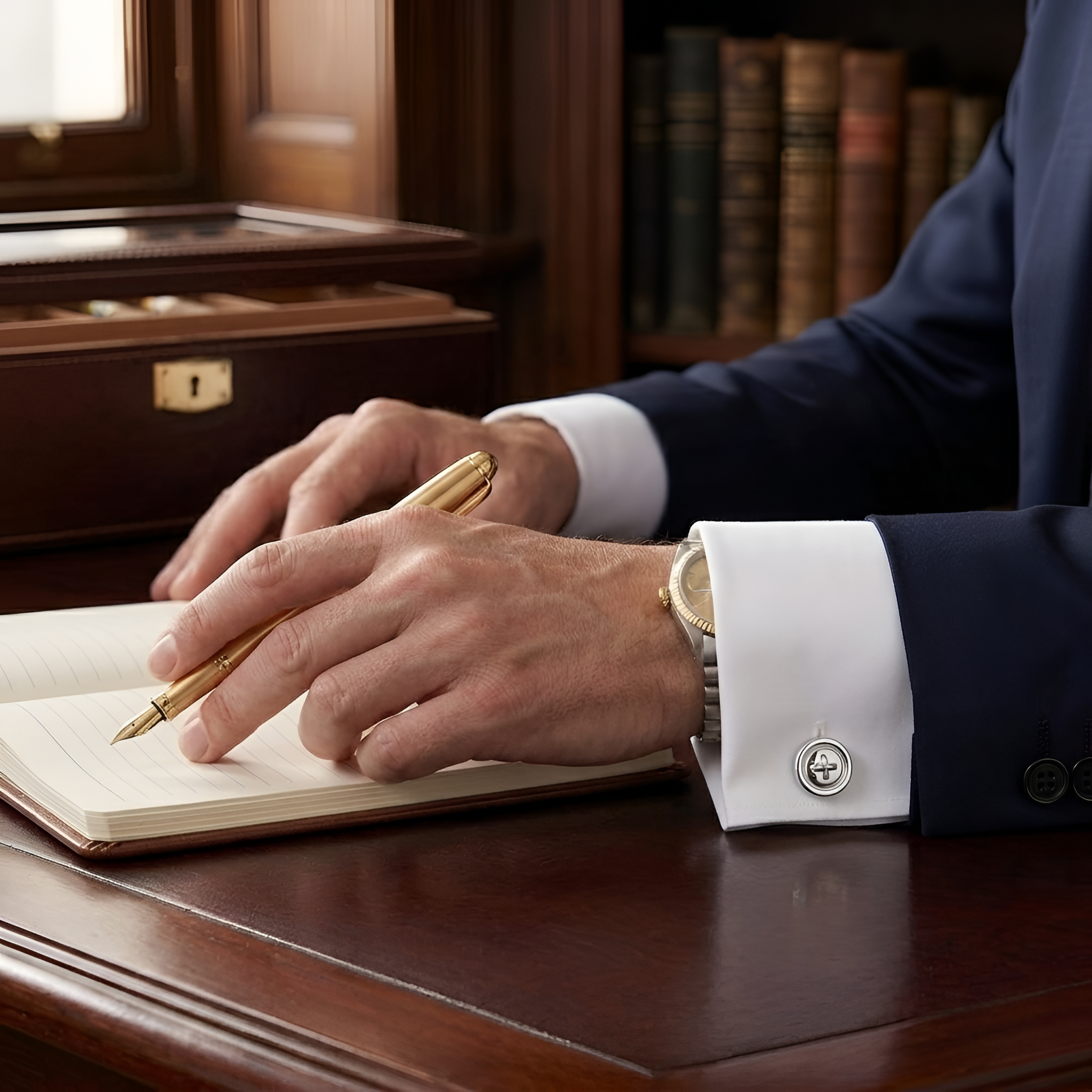 Lifestyle image of handcrafted button cufflinks in 925 sterling silver styled with formal menswear, reflecting timeless sophistication and refined elegance for luxury gifting by Saad of Egypt.