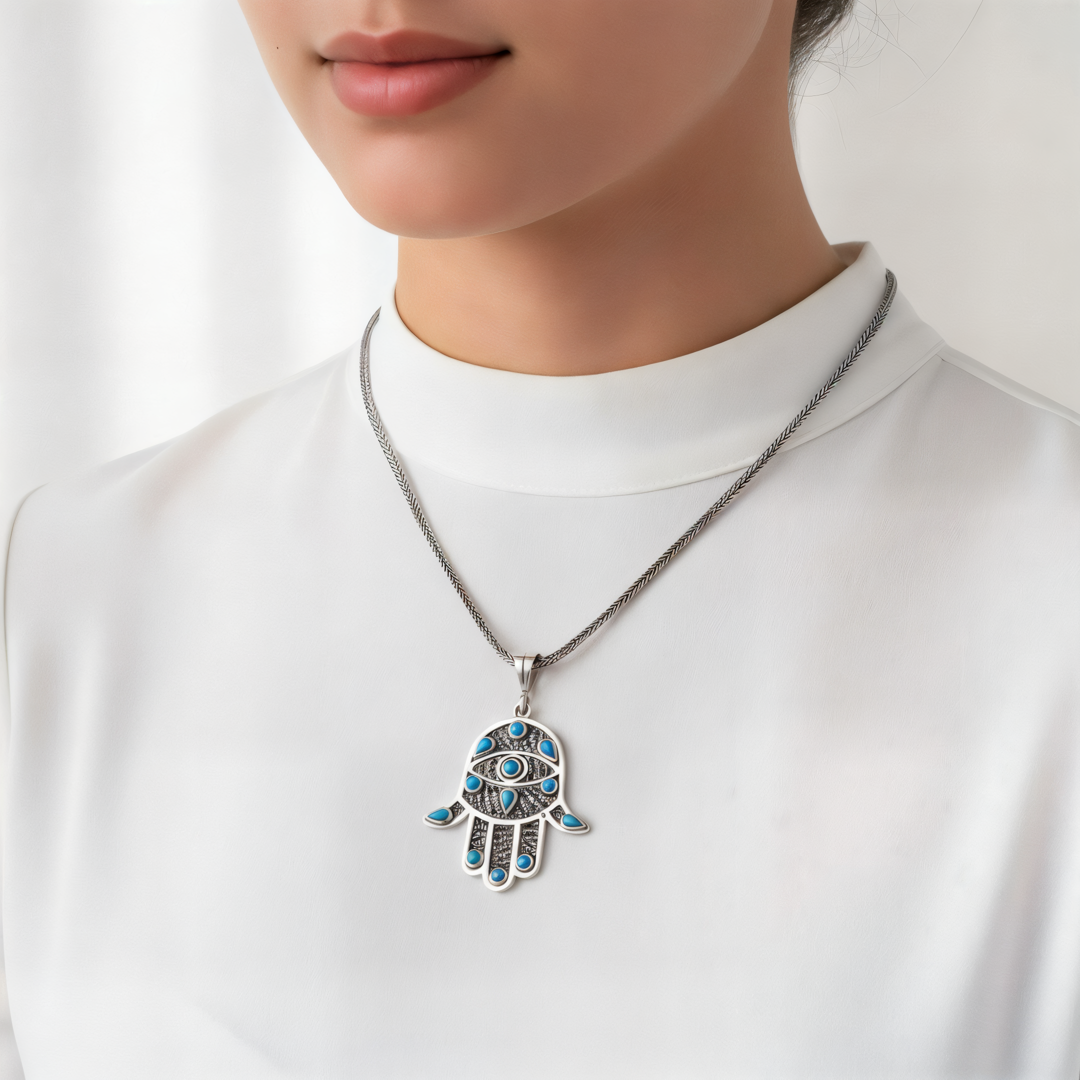 Meaningful close-up of a woman wearing a handcrafted 925 sterling silver filigree Kaf Fatma turquoise pendant, a symbolic women gift representing protection and positive energy by Saad of Egypt