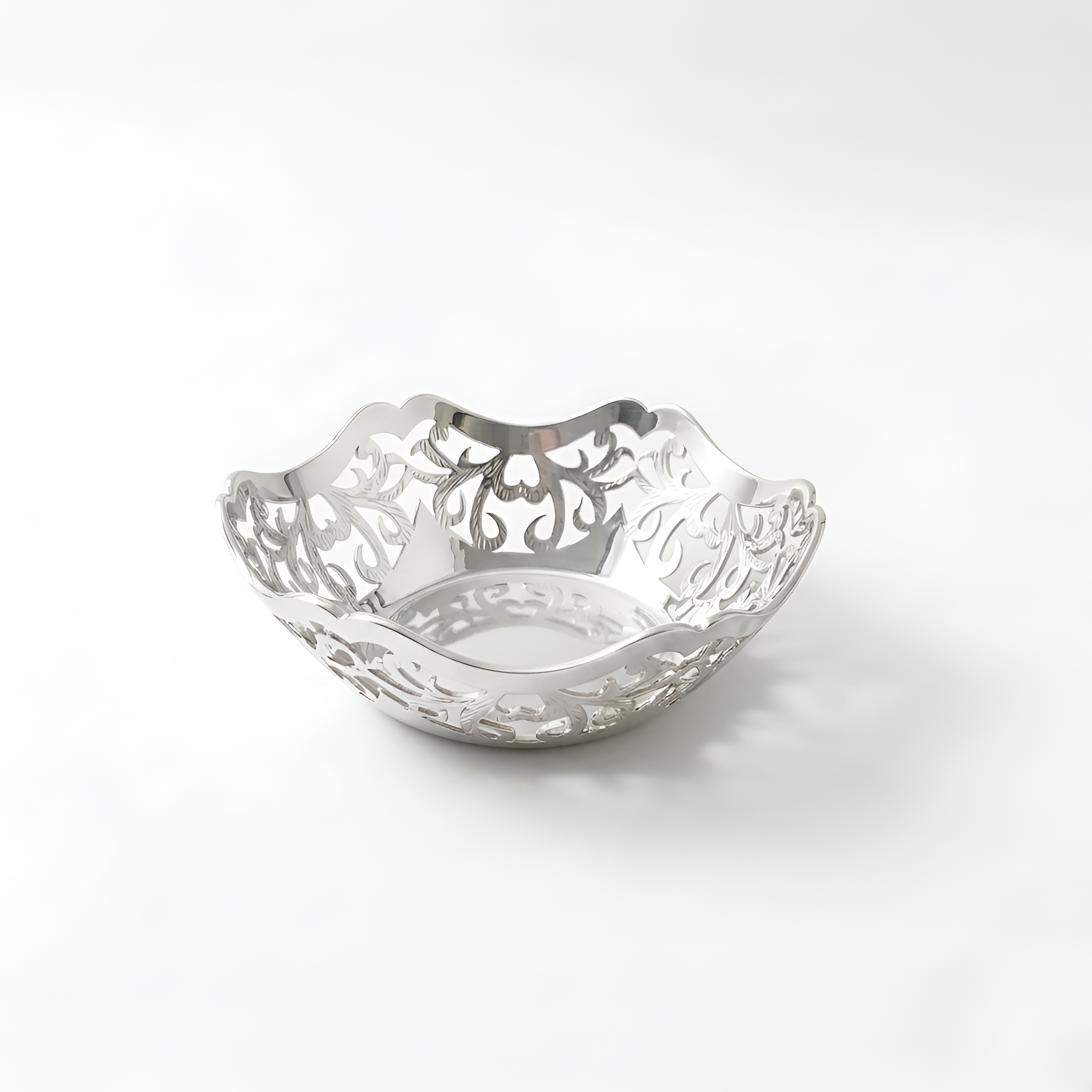 Handcrafted small Ajur bowl crafted in 900 premium silver with refined ornamental patterns, perfect for luxury home styling and sophisticated gifting by Saad of Egypt.