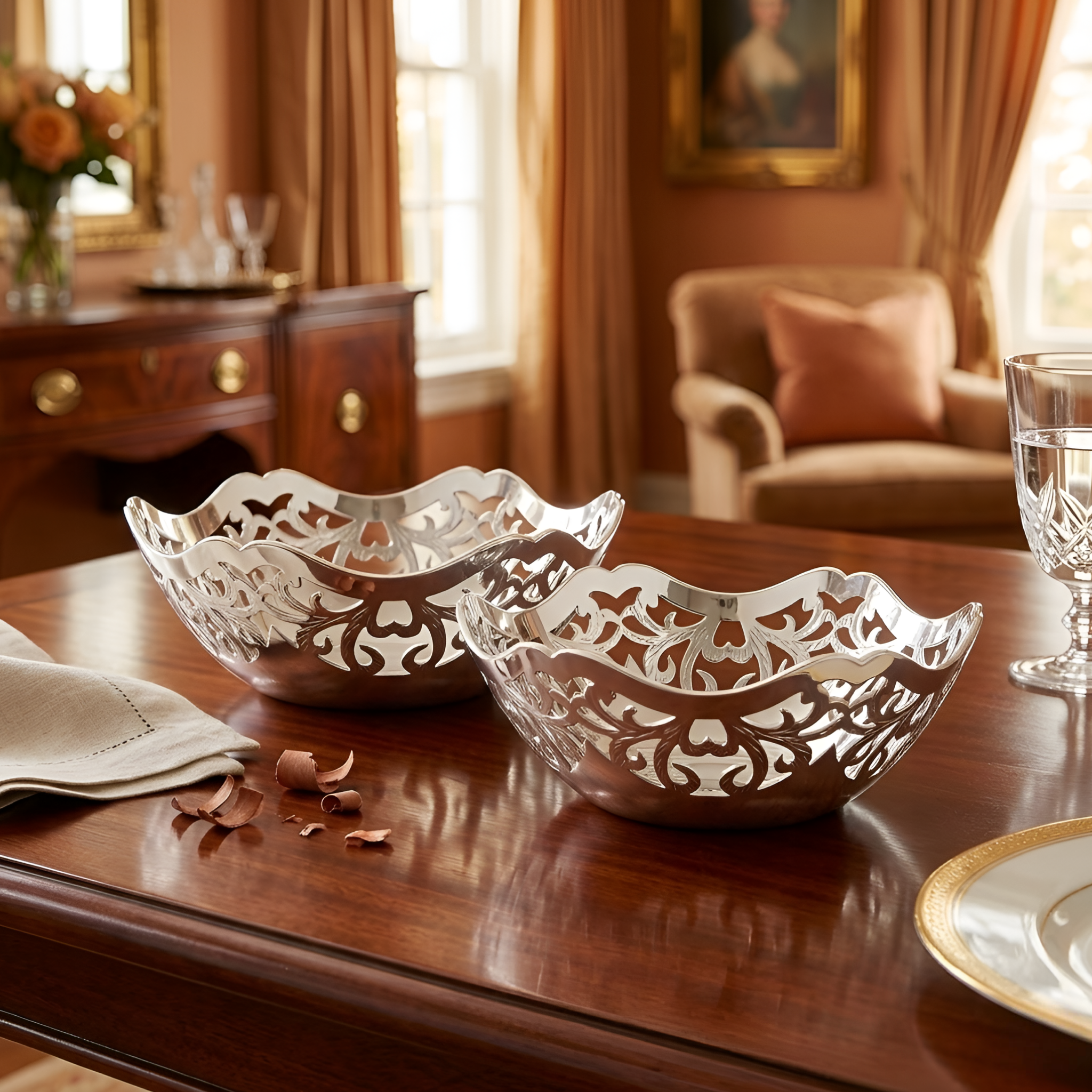 Lifestyle image of handmade small Ajur bowls in 900 premium silver beautifully displayed in a warm home setting, combining timeless elegance and meaningful gifting by Saad of Egypt.