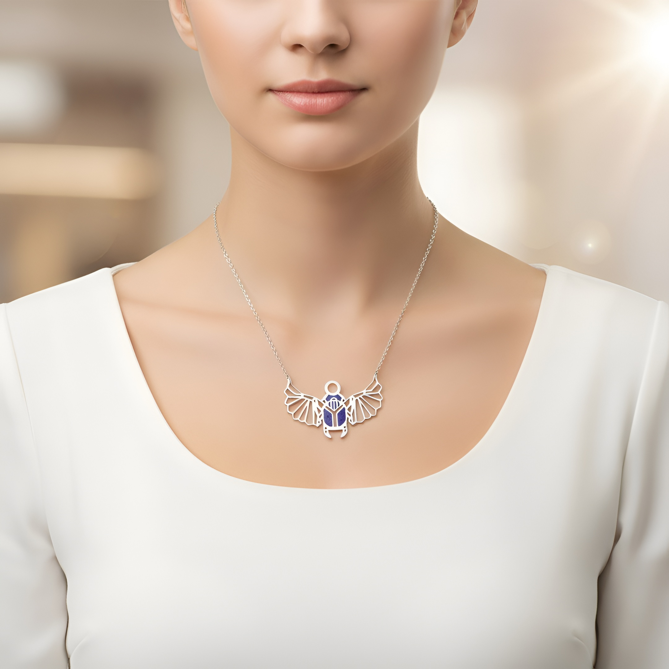 Story-driven image of a woman wearing a handcrafted 925 sterling silver winged scarab lapis necklace, a timeless women gift inspired by ancient Egyptian heritage by Saad of Egypt.
